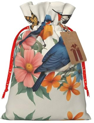 1 sacchetto regalo natalizio con coulisse, motivo uccelli, fiori e farfalle, 21 x 30 cm, per regalare regali alle feste di festa