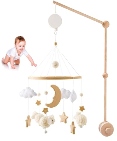 Mobile Lit Bébé Mouton avec Support Mobile Bébé Réglable et Boîte à Musique, Mobile Bébé Bois, Mobile Musical Lit Bébé, Carillon de Vent Suspendu pour Lit Bébé, Cadeau Bébé Nouveau-né (Beige)