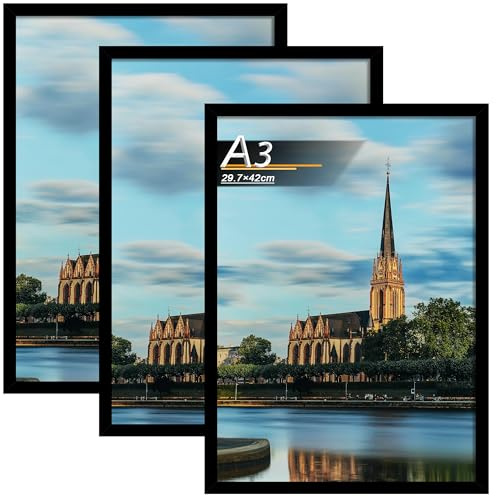 Tinkeps Marcos A3(29.7x42cm) Negro, Juego de 3 Unidades. Este marco de fotos de A3 está fabricado con material de madera y es ideal para colocar fotos, imágenes y pósteres