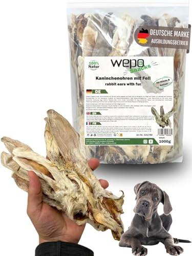 WEPO orecchie di coniglio con pelliccia per cani – 1 kg orecchie di coniglio secche – orecchie di coniglio per cani e gatti – Rabbit Ears as Dog Treats (confezione risparmio da 1 kg)