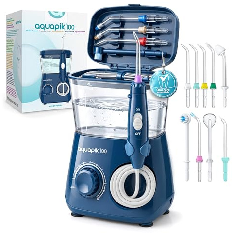 Irrigador dental Aquapik100® profesional waterflosser limpieza profunda 10 niveles de presión 8 boquillas 600ml para encías sensibles ortodoncia puentes implantes elimina placa dental (b. Azul)