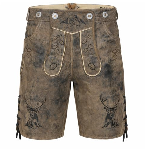 PAULGOS Herren Trachten Lederhose HK4-ANTIK+ Träger, Echtes Leder, Gr. 44-60 (DE/NL/SE/PL, Numerisch, 56, Regular, Regular, Whiskybraun)