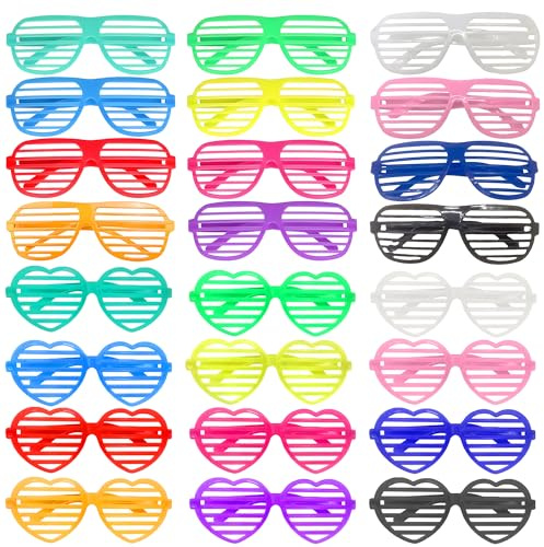 BOZILY 24pcs Neon Shutter Shades Sunglasses for 80s Party, 12 Colors Disco Glasses - Durable Party Props & Funky Neon Glasses for Adults, Birthday Bash(square & heart)