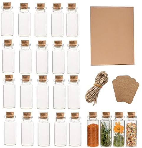HongChelle - Confezione da 20 mini bottiglie di vetro con tappo in sughero da 10 ml, piccole bottiglie di vetro da riempire per regali di nozze, fai da te, decorazioni natalizie e spezie da cucina