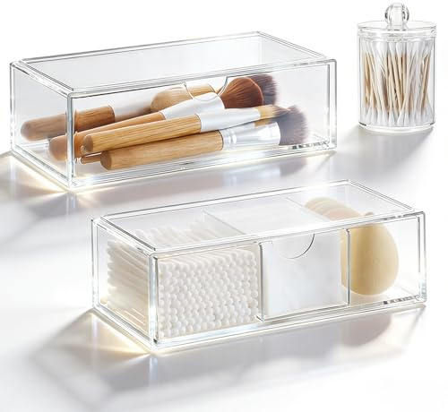 Qivra Set di 2 organizer per trucchi cosmetici, dispenser per batuffolo di cotone, contenitore trasparente per bagno, camera da letto e tavolo da toeletta