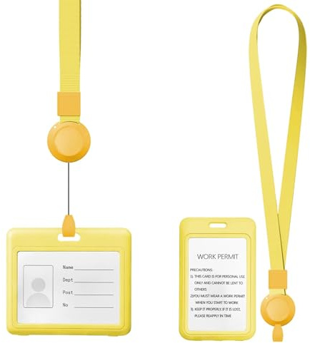 FINELYCR 2 Piezas Porta Tarjetas Identificativas, Amarillo Funda Tarjeta Transporte con Correa Retráctil para Cuello, Horizontal y Vertical Portatarjetas Colgante, para Trabajo, Estudio, Exposiciones