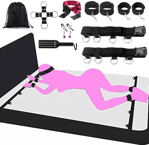 Bed Bondage Restraints Kit Sex Toys for Sex Games Sex Toy Under Mattress Fetish Adjustable Bed Restraints Set Adult Toys SM for Couples Adult Beginner Handcuffs Clips Blindfold Feather Teaser by HBABY