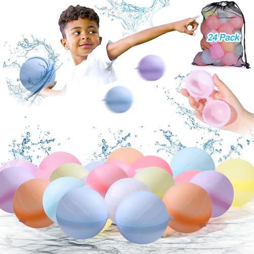 MOOKLIN ROAM Wiederverwendbare Wasserballons, 24 Stück Silikon-Wasserspritzball mit Netzbeutel, Schnell Befüllbare Weiche Wasserbälle in bunten Farben für Kinder Wasserkampfspiel, Sommer Draussen