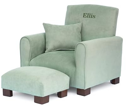 Toddler Personalized Armchair, Kids Upholstered Rocking Chair with Personalization, Toddler Chair with Personalized Name, Comfy Child Armchair, (Seafoam Green Suede, Legs)