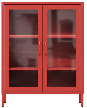 Jan Nowak 2-türiger Vitrinenschrank - GINA | 2 verstellbare Ablagen, Gehärtetes Glas, Wandmontage | Glasvitrine Stehend, Vitrine Glas, Wohmzimmerschrank Glitzernd | 80 x 101,5 x 40 cm | Rot