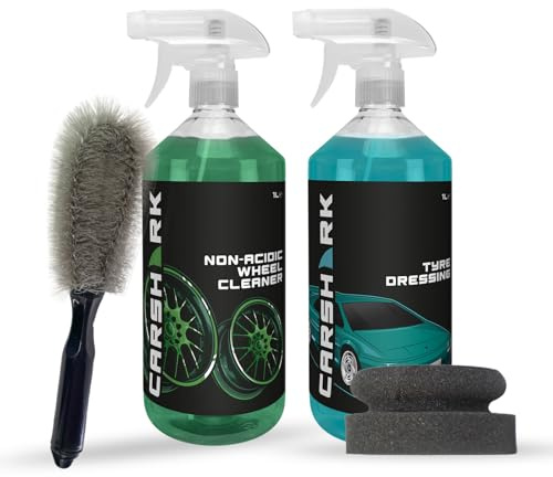 CARSHARK Wheel Cleaning Kit, Non Acidic Wheel Cleaner 1L, Tyre Shine 1L and Wheel Brush (Black) Applicator pad (Black)