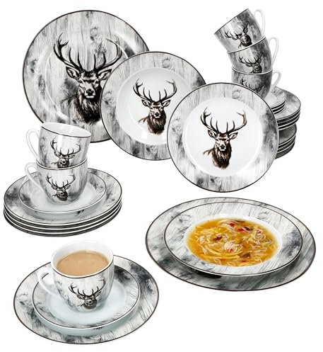 MamboCat Alois 30tlg Kombiservice I Porzellan-Geschirrset mit Hirsch-Dekor für 6 Personen I Je 6X Tassen 200ml, Untertassen, Kuchenteller, Suppenteller & Speiseteller