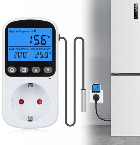 Digitaler Temperaturregler Steckdose 250V mit Fühler, Thermostat Steckdose mit LED-Display, Digitale Zeitschaltuhr Steckdose, Heizung Kühlung Thermostat Schalter für Terrarium (1, Weiß, M)
