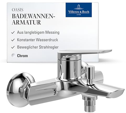 Villeroy & Boch Oasis Badewannenarmatur - Aufputz Mischbatterie Dusche mit Rückflussschutz - Wasserhahn Badewanne mit Strahlregler und Umstellfunktion - langlebige Badarmatur rund - Chrom