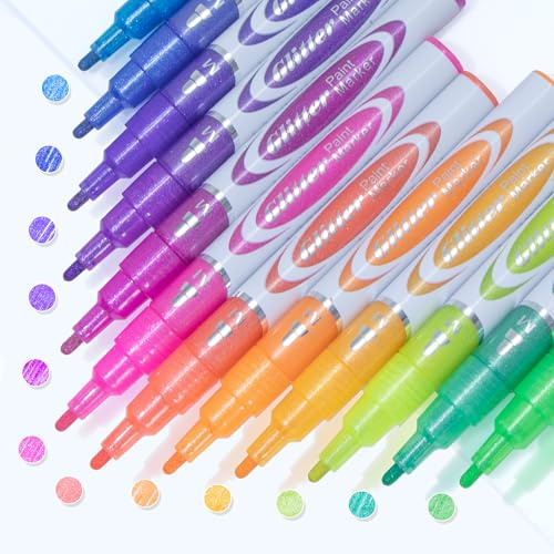 Banoce Feutres à Paillettes Pour Peinture sur Roche, Pierre, Céramique, Verre, Bois, Tissu, Scrapbooking, Bricolage, Cartes, Coloriage. Lot de 12 Marqueurs Acryliques à Pointe Fine 1.3 mm