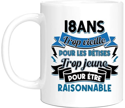HALUMI Tazza 18 anni troppo vecchia per le bellezze troppo giovane per essere ragionevole, regalo di compleanno per i suoi 18 anni, umorismo, ragazzo, ragazza, amico, bicolore, ceramica, 330 ml, 440