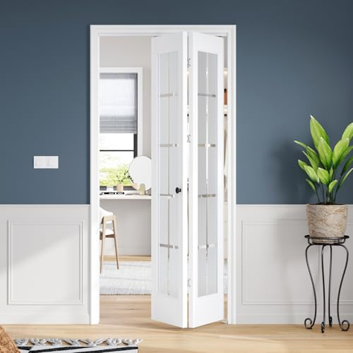 Roymelo White Bifold Doors for 36×80 Opening, Tempered Frosted Glass Cross Transparent Folding Barn Door with Concealed Hardware Kit Included, LVL Wood Panel Covered with PVC Surface