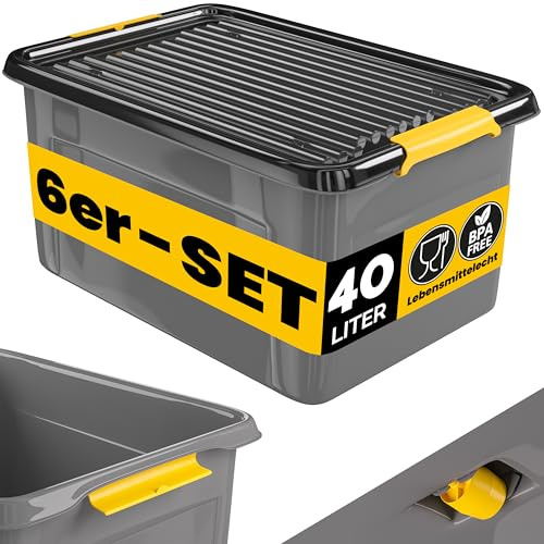 Monzana® 6x Aufbewahrungsbox 40L mit Deckel 40kg belastbar Kunststoff BPA frei Klickverschluss stabil flexibel stapelbar blickdicht Keller Garage Box