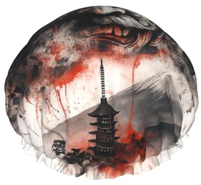 Ink Japanese Samurai Temple and Fujiyama Women'S Double Layer Waterproof Shower Cap Reusable Spa Salon Showers Hats