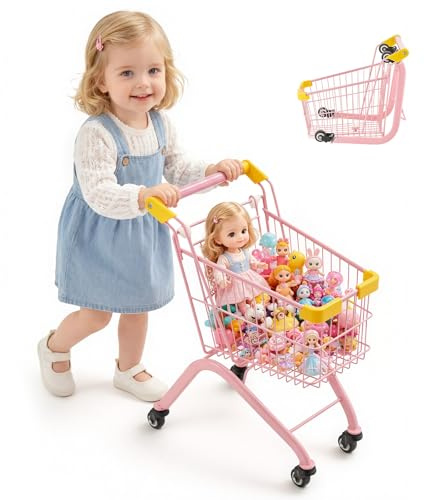 VEVOR Carrello della Spesa Giocattolo per Bambini, Carrello Supermercato Giocattolo, Telaio in Acciaio, Gioco del Negozio con Ruote, Cestino a Rete, Design Salvaspazio, per Bambini dai 3 Anni in Su