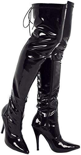 (BS12748) - NEW Womens Ladies Sexy Thigh HIGH Kinky Fetish Over THE Knee Stiletto Heel Full Hook LACE UP and Side Zip Boots Size UK 4,5,6,7,8 (10 UK, Black Patent)