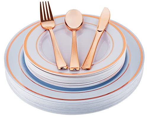 TOROTON 100 Stück wiederverwendbare Speiseteller aus Plastik mit Plastikbesteck-Set, Plastikgeschirr-Set beinhaltet: 20 x Teller, Dessertteller, Gabeln, Messer, Löffel - Rose Gold