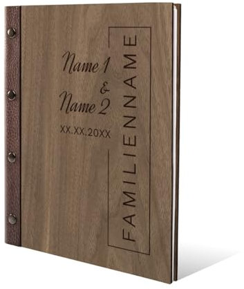 Personalisiertes Stammbuch Nussbaum Holz Holzcover Gravur individuell mit Echtleder Rücken und Extras A5 hoch 175x220mm - Familienname