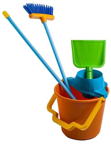 Acan Tradineur - Kit de Limpieza de Juguete con 4 Utensilios, plástico Resistente, Cubo, fregona, Escoba y recogedor, Barrer, Fregar, Regalo para niños, 60 x 23 x 23 cm, Color Aleatorio