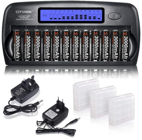 CITYORK Chargeur Intelligent LCD 12 Baies Protection IC intégrée, pour Batterie AA/AAA NI-MH/NI-CD - avec Adaptateur Mural AC [Charge Rapide 12V 2A], avec Jeux de Batteries AA