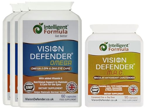 Vision Defender MAC & Omega Bundle Cura Occhi Quotidiana - Luteina Zeaxantina Meso-Zeaxantina Carotenoidi - Omega-3 Olio Pesce (EPA, DHA) - Vitamine Occhi - 90 Giorni - 270 Capsule - UK