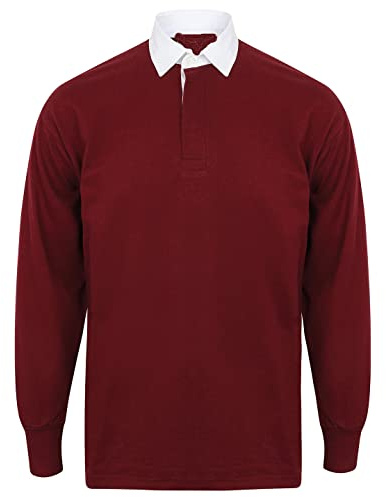 COOZO Herren Lange Ärmel Einfach Rugby Trikot - Tiefer Burgund/Weiss - XL