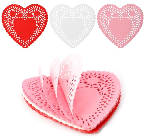 10,5 cm 250 Pièces Napperons Papier Coeur pour Artisanat, Rose Blanc Rouge Napperon Coeur Saint Valentin Papier Dentelle Décoration Papier Saint Valentin Découpes Coeur Décor pour Mariage