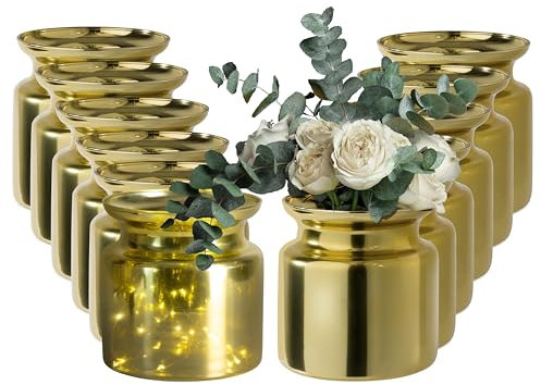 Giessle® 12 Stück [ Edle Tischvasen im XL-Format ] sehr große Vasen aus Glas im Set für Tischdeko Blumenvase Hochzeit (Designform Gold 12er)