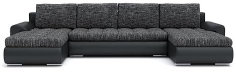 Mebligo - Ecksofa mit Schlaffunktion und Bettkasten Tokio III, Eckcouch aus Kunstleder, Sofa U Form 302x159x89 cm, Couch Wohnzimmer, Ecke Sofa Wohnlandschaft, Schlafsofa Dunkelgrau/Kunstleder Schwarz
