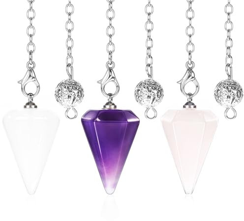 Qianyu Lot de 3 pendules en cristal améthyste quartz rose - Résine transparente - Pierres de guérison hexagonales naturelles - Pendentif pour méditation, Wicca