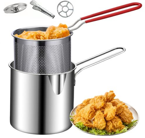 Mini Deep Fryer, Stainless Steel Deep Fryer Pot with Anti-scalding Handle, Deep Fryer Pan with Basket, Mini Fryer for Tempura Chips, Fries, Fish, and Chicken