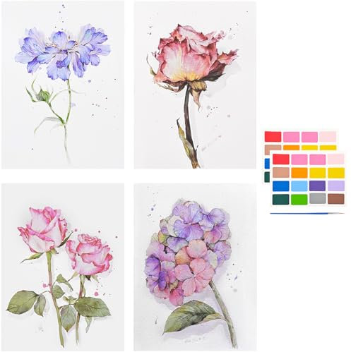 ShipeeKin 4x Aquarellpapier 290x210mm Aquarell Ausmalbuch Wasserfarben-Ausmalblock Mal-Block-Set, mit Farben und Pinsel (Blume)