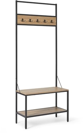 Amazon Basics Panca da Ingresso con Ganci, Appendiabiti, Attaccapanni, Mobile da Ingresso con Ripostiglio per Scarpe, 34cm x 72cm x 182cm, Quercia