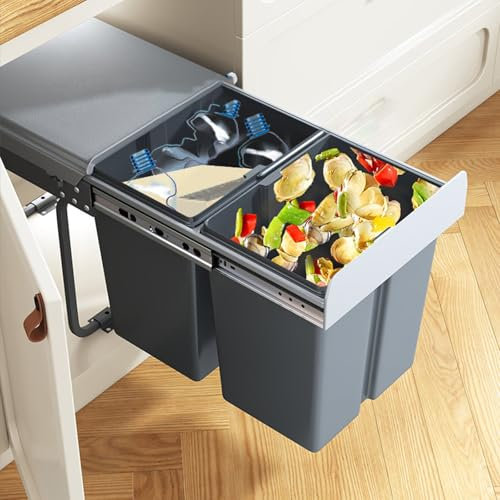 Cestino Estraibile Sotto il Lavello Dell'armadio Cestino Doppio Scorrevole Cestini per Rifiuti da Cucina con Coperchio e Maniglie, per la Classificazione, Montaggio Inferiore Sotto il Mobile(25.5x48x4