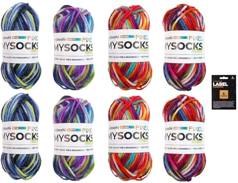myboshi Minisocks Wollpaket, mysocks Pixel Mini Sockenwolle, 6-fädig, zum Stricken und Häkeln, 8 Knäuel x 10g, Lauflänge 26m, 75% Schurwolle, 25% Polyamid, Farbverlauf 8 Knäuel