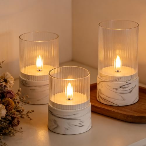 Fanna 3 flamlösa LED-ljus med timerfunktion i marmorstruktur, batteridrivna glasljus för heminredning och bordsuppsatser, grå och vit design – H 10 cm/5 tum / 6 tum