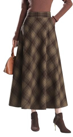 Beeblily Gonna Lunga Invernale Donna Vita Alta Elegante Lana Quadri Maxi Gonna Vintage Gonne Plissettat 8050 Marrone M