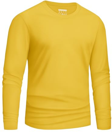 Cavva Mens Long Sleeve Tops Yellow Cotton Plain T Shirt Crew Neck Regular Fit Tee Shirts Spring Breathable T-Shirts M