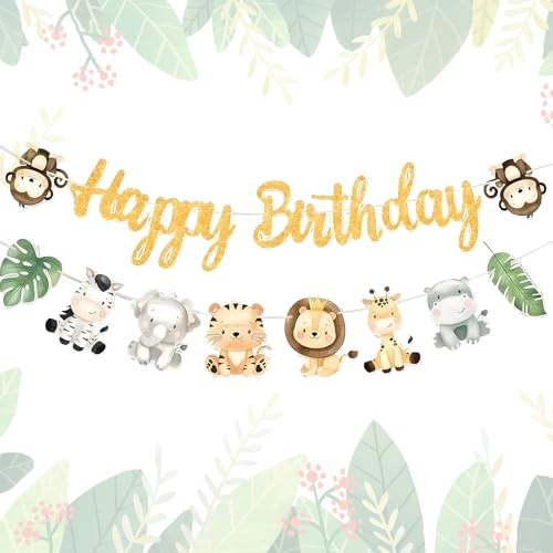 WOUYTPE Striscione Buon Compleanno, Buon Compleanno Decorazioni, Animali Della Giungla Festoni, Adatto per Decorare la Festa di Compleanno dei Bambini, Tema Animali Della Giungla