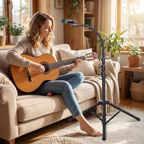 K KASONIC Soporte de Micrófono, Soporte Ajustable para Micrófono con 2 Sujeciones para Micrófono para Actuaciones, Soporte de Pie para Micrófono para Canto, Actividades al Aire Libre