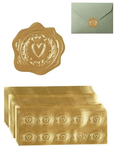 JEXOWIQ 100 Piezas Pegatinas Doradas de Sello Pegatinas en Relieve de Sobre de Corazón Sellos de Cera Autoadhesivos para Invitación Boda Bolsa Papel Regalo Cumpleaños,Oro