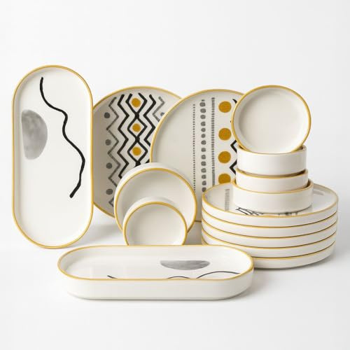14-delat frukostset i keramik för 6 personer – Kitchen Life Axial Stackable Series – handgjort porslin från Kütahya med serveringstallrikar och skålar – diskmaskinstålig