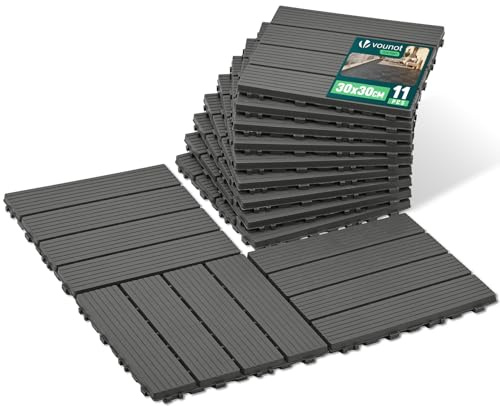 VOUNOT® Set da 11 Piastrelle Esterno ad Incastro 30x30 cm, Pavimento da Giardino Antiscivolo e Drenante, Tagliabili e Resistenti all’Acqua per Terrazza, Patio e Piscina, Antracite