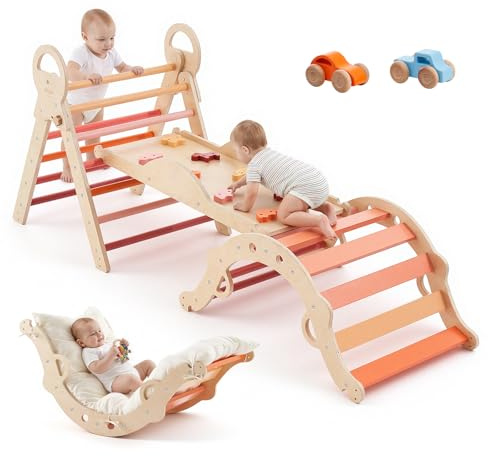 VEVOR Set Triangolo Pikler per Arrampicata 9 in 1 Colore Arancione per Bambini Piccoli, Portata Massima 68 kg, con 2 Macchinine Triangolo Arco e Rampa, Set Montessori Pieghevole per Palestra Bambini