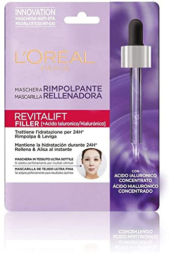 L'Oréal Paris Maschera in tessuto Revitalift Filler, Azione Rimpolpante Anti-Età, Effetto Seconda Pelle, Arricchita con Acido Ialuronico, 30 g